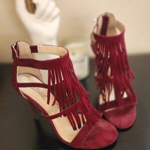 Burgundy fringe heels